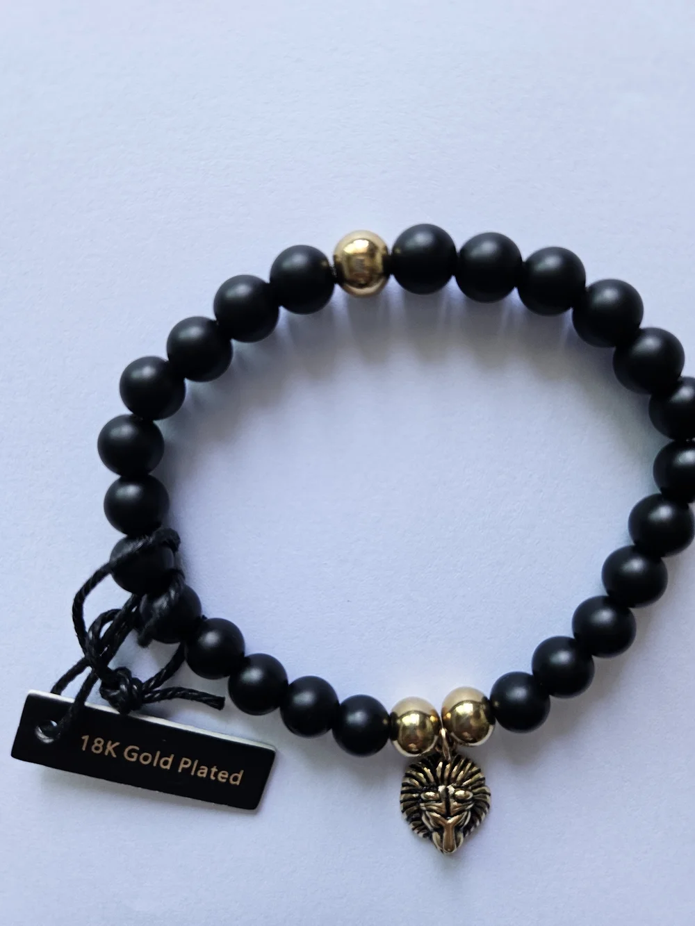 Men's 18K Gold Plated Stainless Steel Lion Charm Lava Beaded Stretch Bracelet